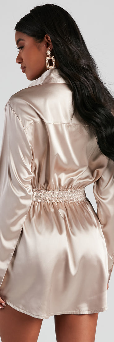 Fall Nights Satin Button-Up Short Dress