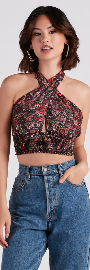Sultry Boho Print Halter Crop Top is a fire pick to create 2023 festival outfits, concert dresses, outfits for raves, or to complete your best party outfits or clubwear!