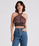 Sultry Boho Print Halter Crop Top is a fire pick to create 2023 festival outfits, concert dresses, outfits for raves, or to complete your best party outfits or clubwear!