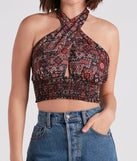 Sultry Boho Print Halter Crop Top is a fire pick to create 2023 festival outfits, concert dresses, outfits for raves, or to complete your best party outfits or clubwear!