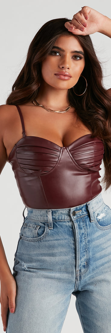 Press Pause Faux Leather Corset Bodysuit is a trendy pick to create 2023 festival outfits, festival dresses, outfits for concerts or raves, and complete your best party outfits!