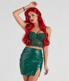 Green embellished costume bustier for a women’s Ivy poisonous comic book character costume