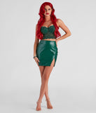 Women’s Ivy comic book character costume from Windsor styled with an embellished green bustier, green mini skirt, costume jewelry, hair accessories, and clear heels