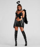 Women’s dark angel costume for Halloween 2022 styled with a black feathered top, mini skirt, black feather angel wings, costume halo, faux leather gloves, and women’s thigh-high latex boots