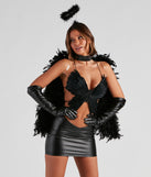Black feathered butterfly top styled by Windsor as a women’s dark angel costume with a black mini skirt, feather angel wings, angel halo, black gloves, and thick choker necklace 