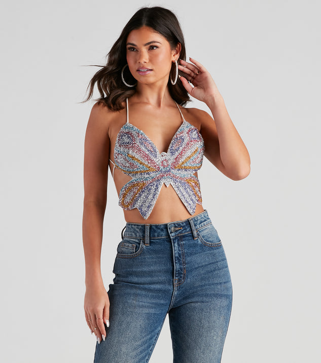 With fun and flirty details, Mystical Glam Butterfly Glitter Crop Top shows off your unique style for a trendy outfit for the summer season!