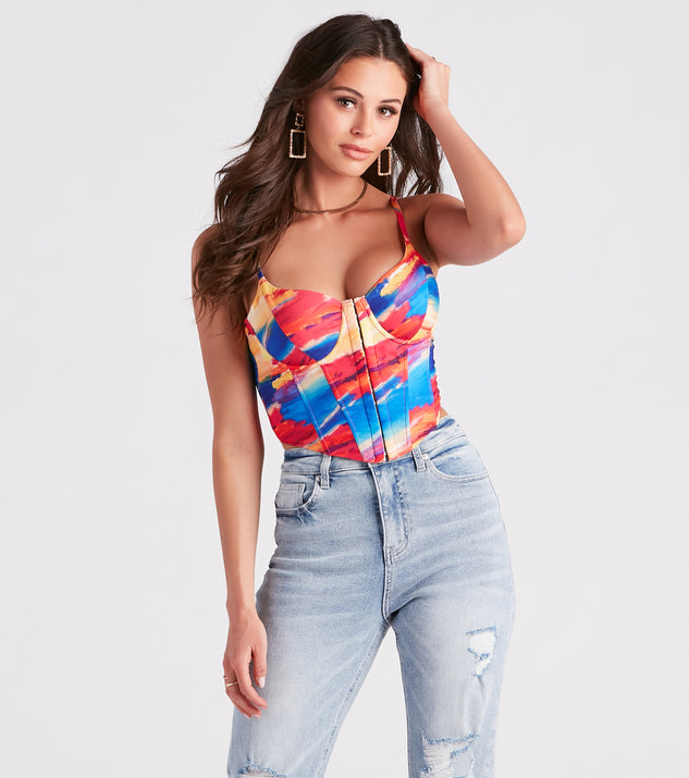 With fun and flirty details, Abstract Allure Watercolor Print Corset Top shows off your unique style for a trendy outfit for the summer season!