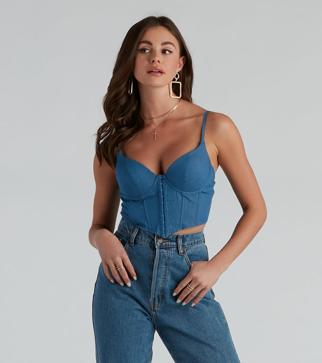 With fun and flirty details, Girl Next Door Cropped Denim Corset shows off your unique style for a trendy outfit for the summer season!