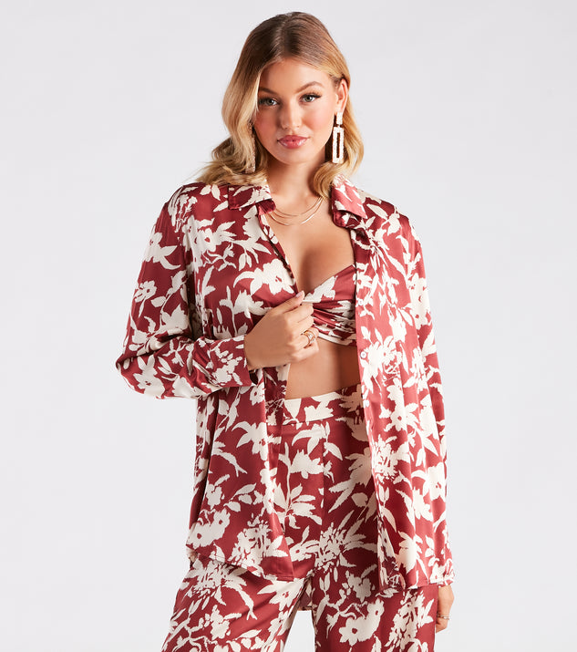 Major Muse Floral Satin Button-Down Top is a fire pick to create 2023 festival outfits, concert dresses, outfits for raves, or to complete your best party outfits or clubwear!