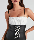White ruffle trim on the Lil' Red Lace-Up Corset Bodysuit.