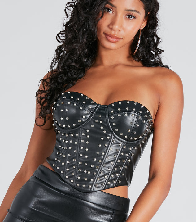 The waist-defining bodice style of the Found A Stud Faux Leather Strapless Bustier is perfect for making a statement with your outfit and provides the boning, molded cups, or lace-up details that capture the corset trend.