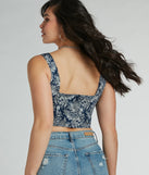 The waist-defining bodice style of the Delight And Allure Sleeveless Tapestry Corset Top is perfect for making a statement with your outfit and provides the boning, molded cups, or lace-up details that capture the corset trend.