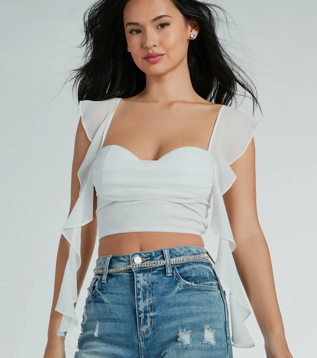 With fun and flirty details, the Sweetest Look Ruched And Ruffled Chiffon Crop Top shows off your unique style for a trendy outfit for the spring or summer season!