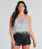 Spotlight Beauty Sequin Fringe Crop Top is a trendy pick to create 2024 concert outfits, festival dresses, outfits for raves, or to complete your best party outfits or clubwear!