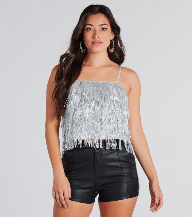 Spotlight Beauty Sequin Fringe Crop Top is a trendy pick to create 2024 concert outfits, festival dresses, outfits for raves, or to complete your best party outfits or clubwear!