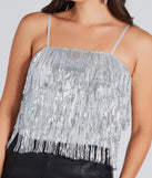 Spotlight Beauty Sequin Fringe Crop Top is a trendy pick to create 2024 concert outfits, festival dresses, outfits for raves, or to complete your best party outfits or clubwear!