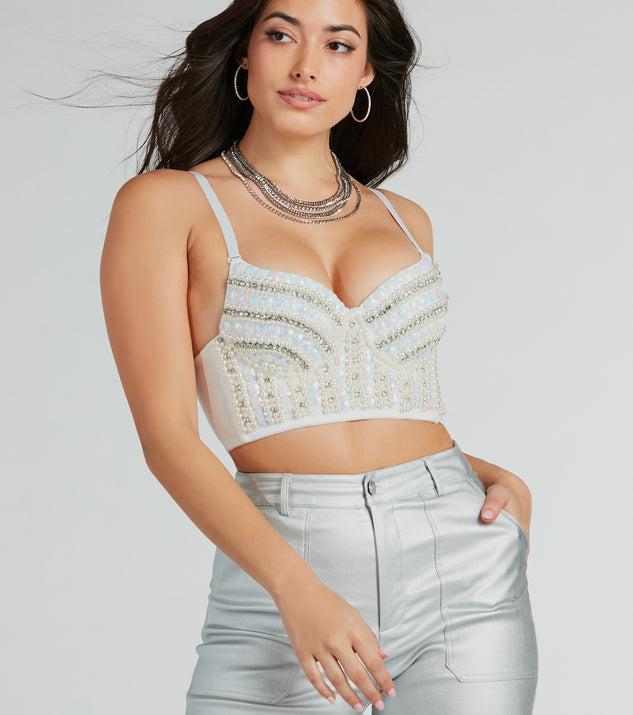 The waist-defining bodice style of the Fabulously Glam Rhinestone And Pearl Woven Bustier is perfect for making a statement with your outfit and provides the boning, molded cups, or lace-up details that capture the corset trend.