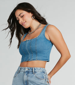 Got The Blues Sleeveless Denim Corset Top is a trendy pick to create 2024 concert outfits, festival dresses, outfits for raves, or to complete your best party outfits or clubwear!