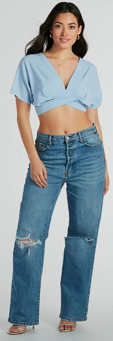 With fun and flirty details, the Chic Arrival V-Neck Dolman Satin Crop Top shows off your unique style for a trendy outfit for summer!