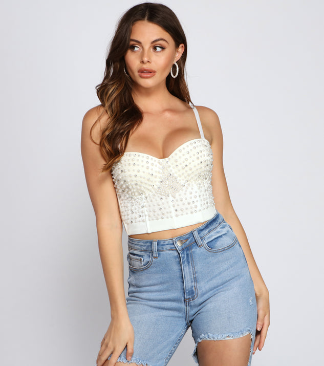 Pearl Embellished Cropped Bustier helps create the best bachelorette party outfit or the bride's sultry bachelorette dress for a look that slays!