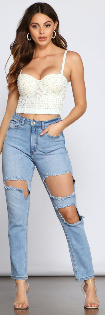 With fun and flirty details, Pearl Embellished Cropped Bustier shows off your unique style for a trendy outfit for the summer season!