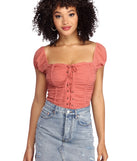 With fun and flirty details, Lace Up Ruched Top shows off your unique style for a trendy outfit for the summer season!