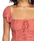 With fun and flirty details, Lace Up Ruched Top shows off your unique style for a trendy outfit for the summer season!