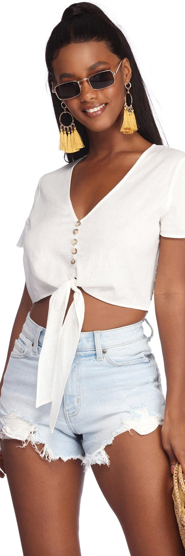 With fun and flirty details, They'll Be Linen Up Crop Top shows off your unique style for a trendy outfit for the summer season!