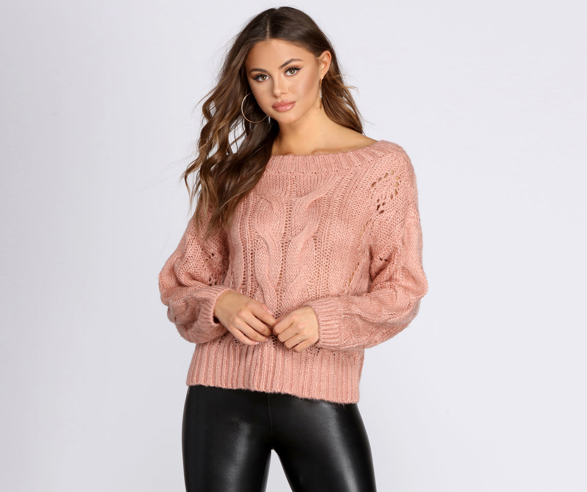 Cable Knit Off Shoulder Sweater