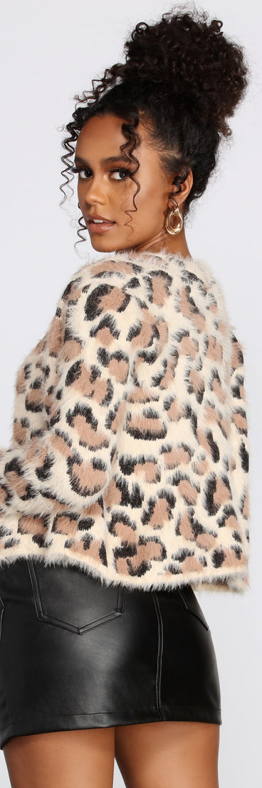 Leopard Print Eyelash Knit Cardigan for 2022 festival outfits, festival dress, outfits for raves, concert outfits, and/or club outfits