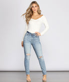 With fun and flirty details, Off The Shoulder Ribbed Knit Bodysuit shows off your unique style for a trendy outfit for the summer season!
