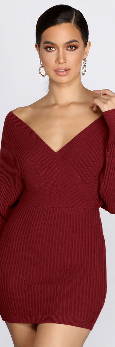 Ribbed Knit Surplice Mini Dress