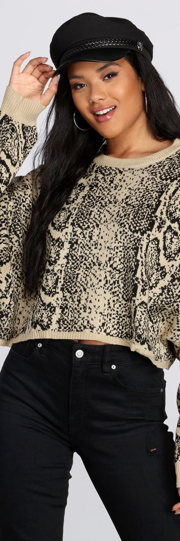 Snake Print Cropped Sweater for 2022 festival outfits, festival dress, outfits for raves, concert outfits, and/or club outfits