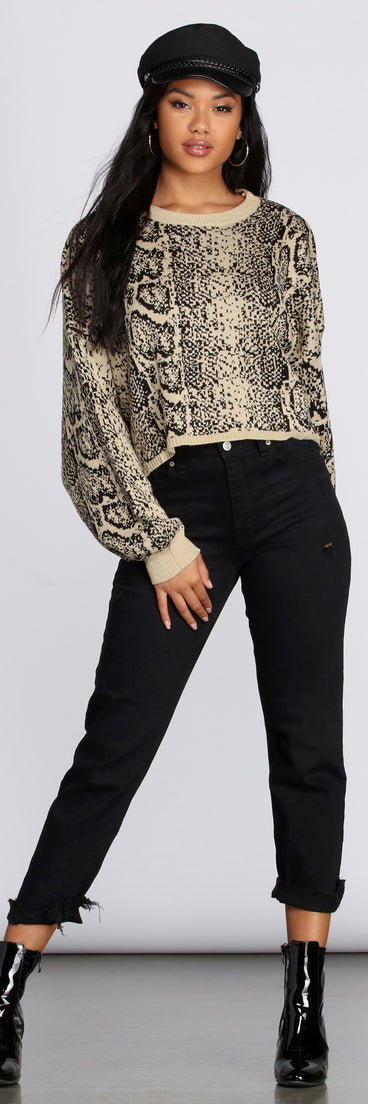 Snake Print Cropped Sweater for 2022 festival outfits, festival dress, outfits for raves, concert outfits, and/or club outfits