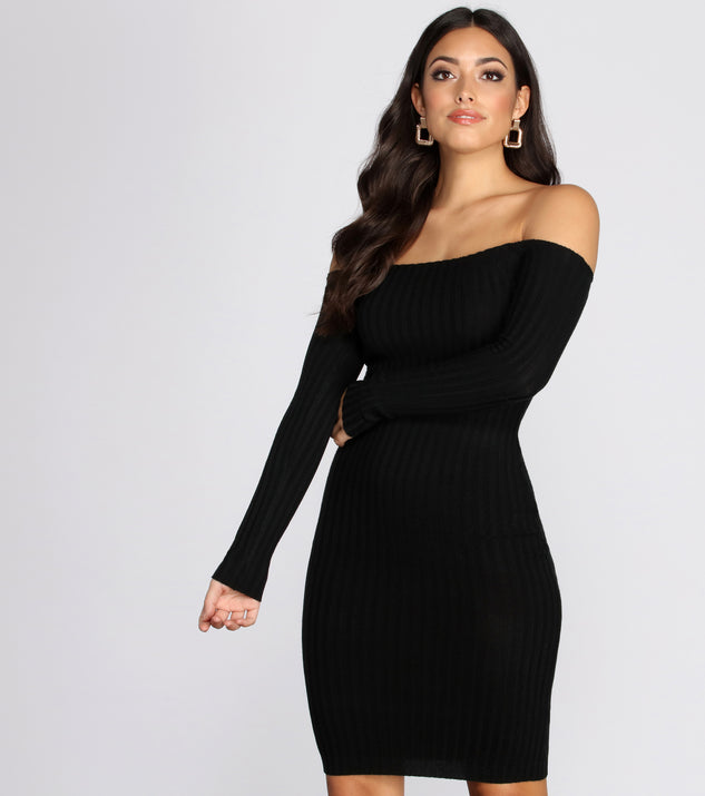 Off the shoulder ribbed sweater top dress