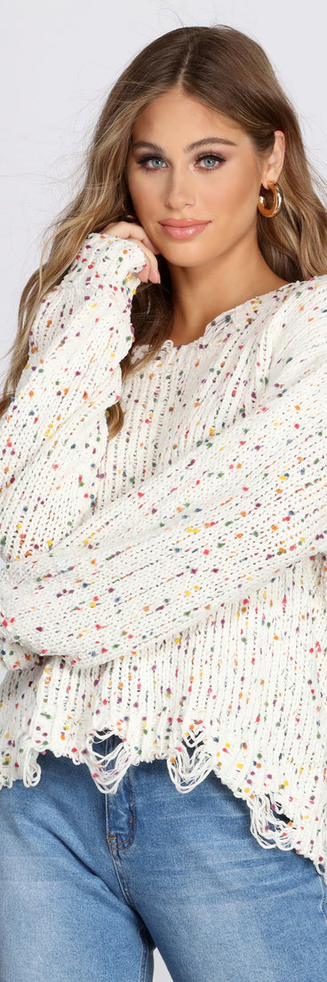 With fun and flirty details, Cozy Cute Confetti Knit Sweater shows off your unique style for a trendy outfit for the summer season!