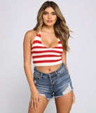 With fun and flirty details, Americana Stripes Halter Crop Top shows off your unique style for a trendy outfit for the summer season!