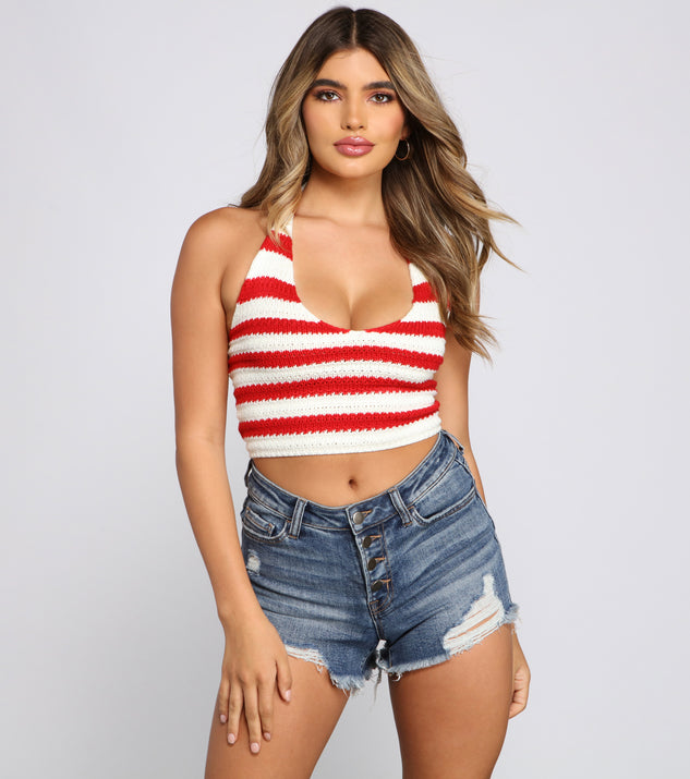 With fun and flirty details, Americana Stripes Halter Crop Top shows off your unique style for a trendy outfit for the summer season!