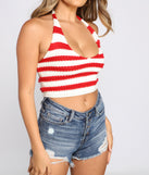 With fun and flirty details, Americana Stripes Halter Crop Top shows off your unique style for a trendy outfit for the summer season!