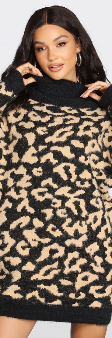 Angora Knit Leopard Print Sweater Dress for 2022 festival outfits, festival dress, outfits for raves, concert outfits, and/or club outfits