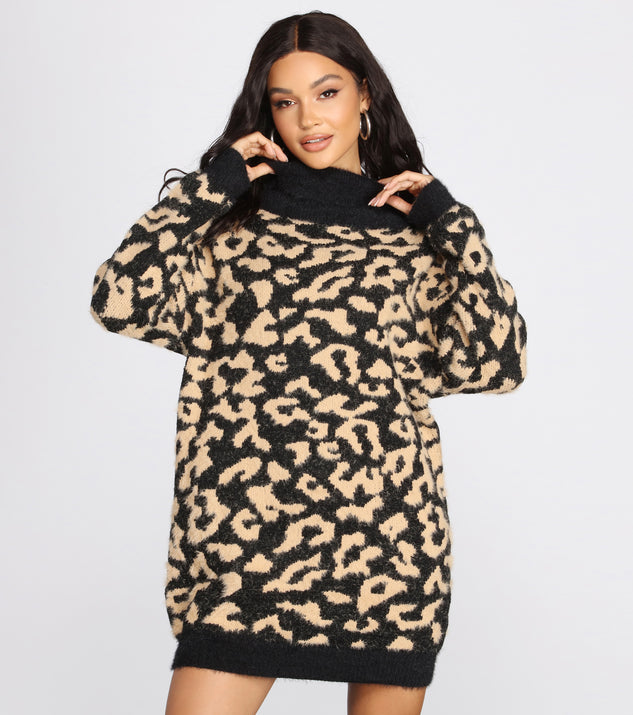 Angora Knit Leopard Print Sweater Dress for 2022 festival outfits, festival dress, outfits for raves, concert outfits, and/or club outfits