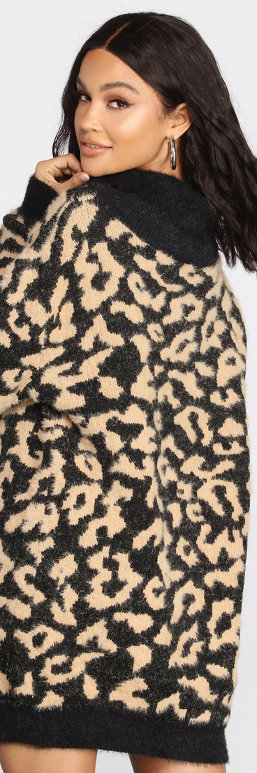 Angora Knit Leopard Print Sweater Dress for 2022 festival outfits, festival dress, outfits for raves, concert outfits, and/or club outfits