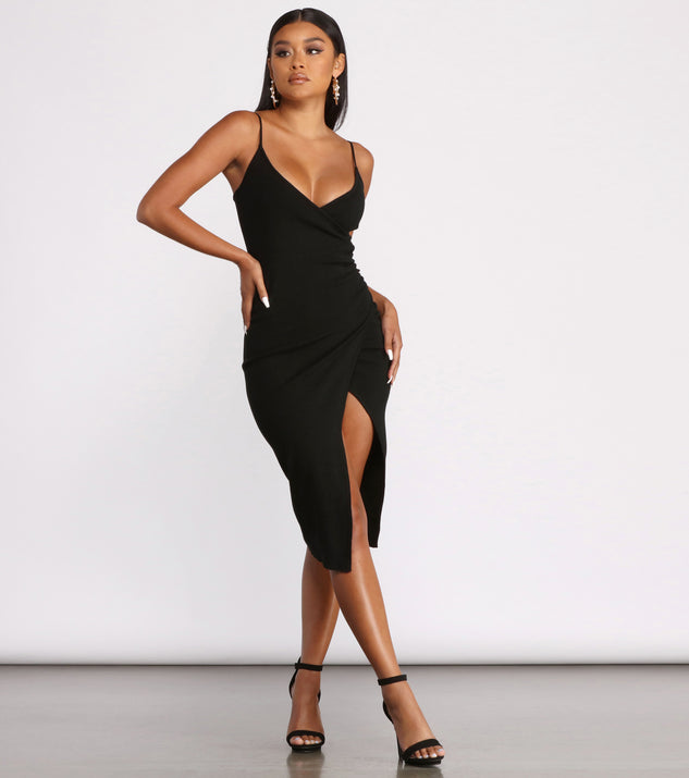Sleeveless V Neck Asymmetrical Wrap Ribbed Midi Dress