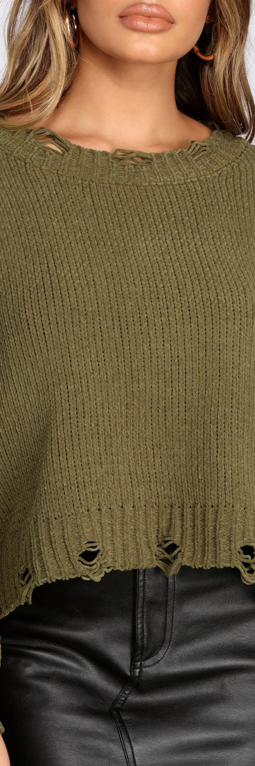 With fun and flirty details, Distressed Chenille Knit Sweater shows off your unique style for a trendy outfit for the summer season!