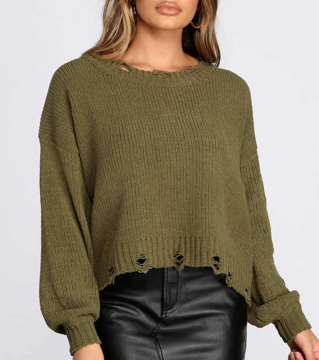 With fun and flirty details, Distressed Chenille Knit Sweater shows off your unique style for a trendy outfit for the summer season!