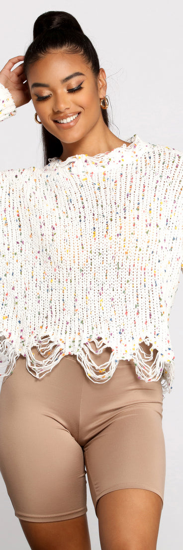 With fun and flirty details, Issa Celebration Confetti Knit Distressed Sweater shows off your unique style for a trendy outfit for the summer season!
