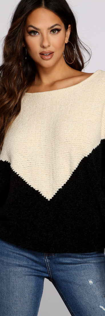 With fun and flirty details, Two Tone Chenille Boat Neck Sweater shows off your unique style for a trendy outfit for the summer season!