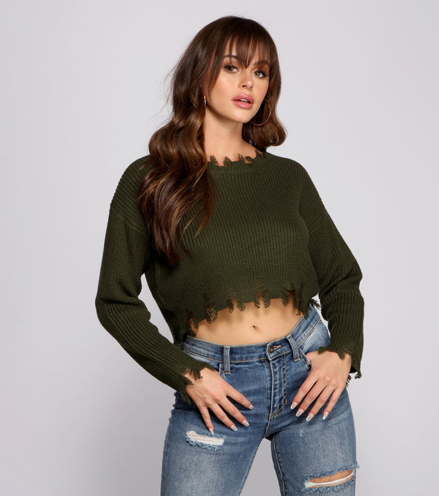 With fun and flirty details, Stylishly Distressed Cropped Sweater shows off your unique style for a trendy outfit for the summer season!