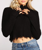 With fun and flirty details, Destructed Mock Neck Cropped Sweater shows off your unique style for a trendy outfit for the summer season!