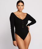 With fun and flirty details, Ribbed Knit Henley Button-Front Bodysuit shows off your unique style for a trendy outfit for the summer season!